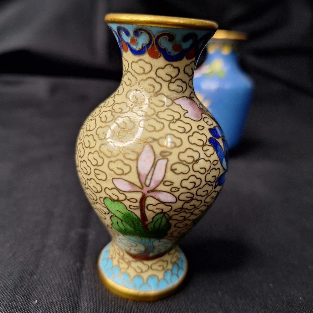 Vintage Pair of‎ Chinese Cloisonne Enamel Miniature Floral Vases Blue & Cream
